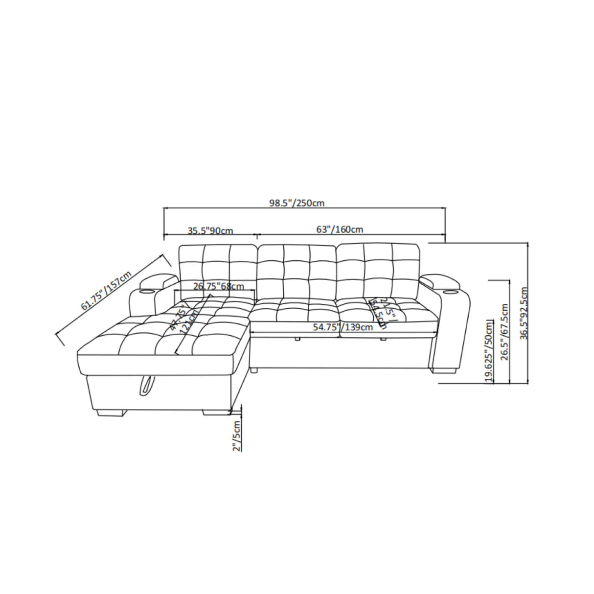 Lennox Sectional Sleeper Bed in Beige Brassex