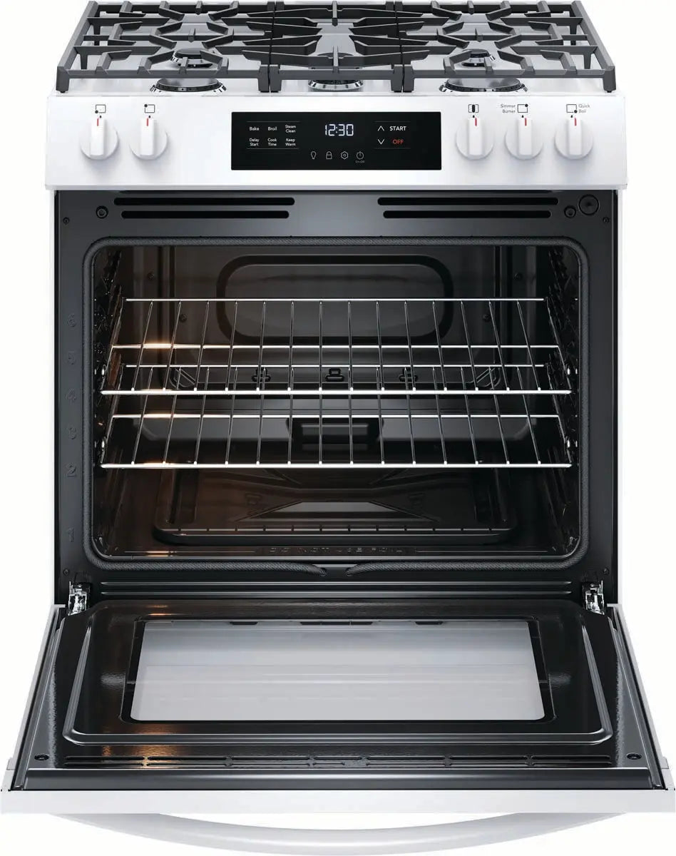 Frigidaire 30'' Front Control Gas Range with Quick Boil in white FCFG3062AW Frigidaire