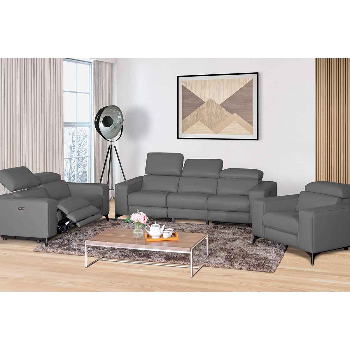 Amiyah 3pc Dual Power leather Reclining Sofa Set in Grey/Beige Matrix Furniture