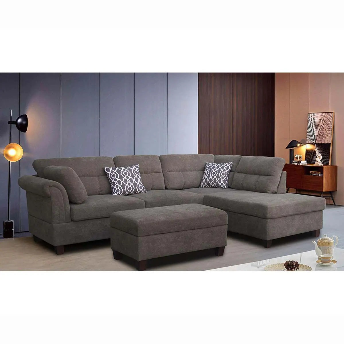 Anchor KM107 2Pc Fabric Sectional with Storage Ottoman Kwality