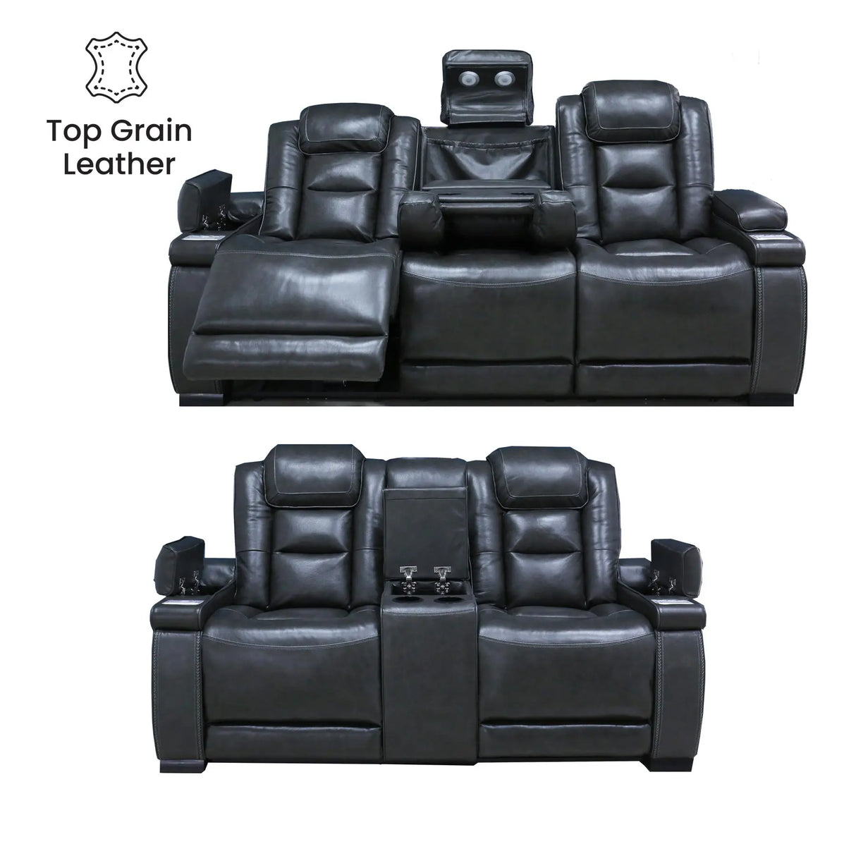 Real Leather Grey Reclining Sofa Set Complete Home Furnish