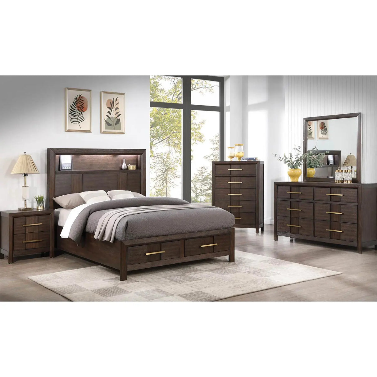 KENZO 6 pc Storaged Bedroom Set in Dark Walnut - Complete Home Furnish