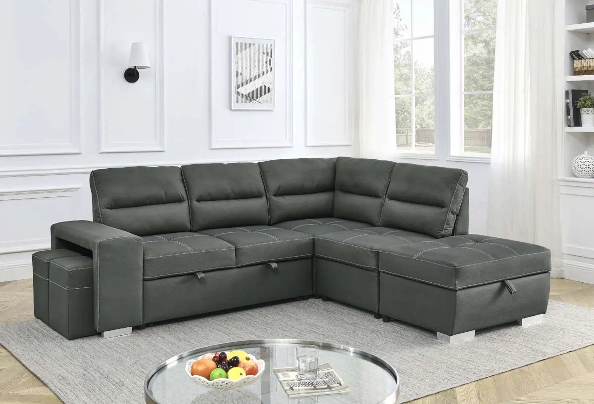 Titus Pull-Out Fabric Sectional Sofa Sleeper in Charcoal Titus