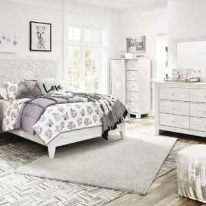 Ashley 6 PC Full Bedroom Set In Whitewash Featuring Carved Medallion Pattern