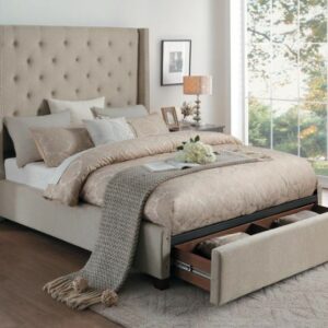 Beige Fabric Tufted Queen Bed with Storage Drawer