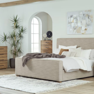 Ashley Neutral Brown Upholstered Linen Queen Bed