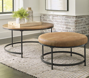 Ashley Wood Coffee Table with Faux Leather Nesting Ottoman